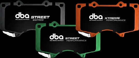 DBA brake pad series comparison showing Street, Street Performance and Xtreme Performance options