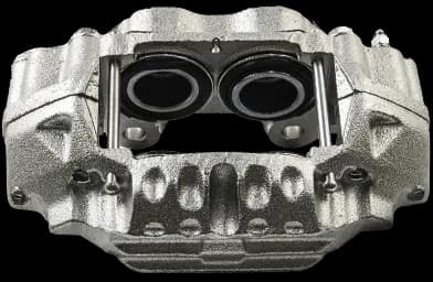 DBA dual-piston brake caliper with aluminum construction showing mounting brackets and performance design features